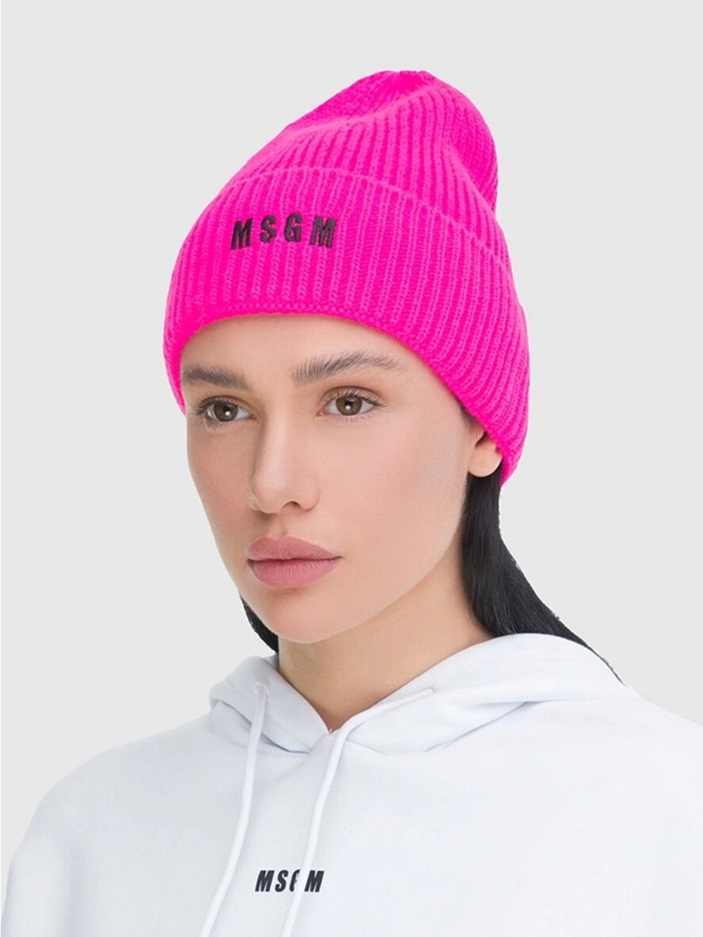 MSGM Hot Pink Ribbed Logo Beanie